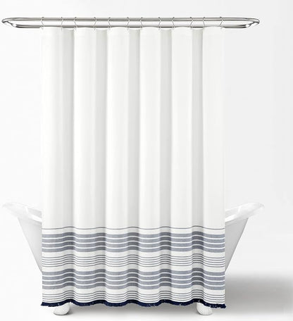 Lush Decor Nantucket Yarn Dyed Cotton Blend Tassel Fringe Shower Curtain Single 72" W x 72" L White & Navy - White Shower Curtains for Bathroom Curtain