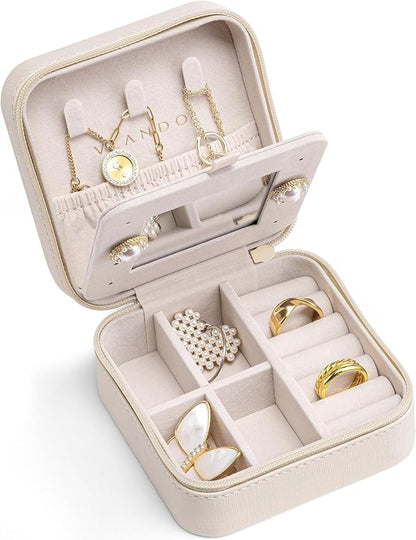 VLANDO Bridesmaid Gifts - Small Travel Jewelry Box Organizer - Wedding Gifts for Girls Women Rings Earrings Necklaces Storage with Mirror - Milky White | Necklace Hook for Anti-tangle, Removable Dividers, Waterproof PU Leather,Portable Storage for Ring...