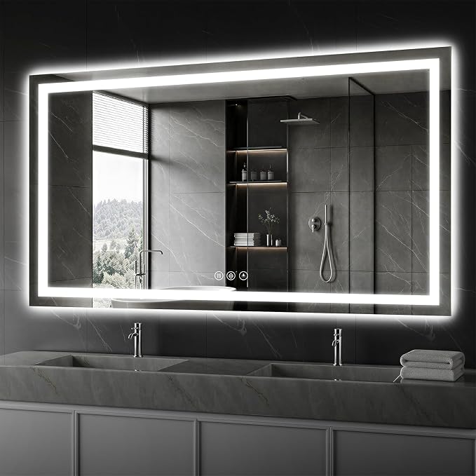 Koonmi 60x36 LED Bathroom Mirror, Shatterproof Mirror with Light | 90CRI Vanity Mirror with Anti-fog Backlit + Front Lit, 3 Color, Easy Install for Bathroom Hotel (IP65)