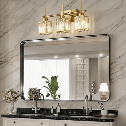 Torondo Modern Crystal Bathroom Vanity Light 3-Light Brushed Gold Bathroom Light Fixtures Over Mirror Brushed Gold Vanity Lighting Fixtures Square Shade Brass Wall Sconce (Bulbs Not Include)