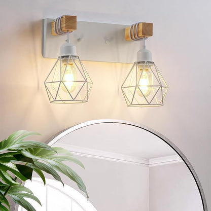 VbiTmn Bathroom Light Fixtures, 2 Light White Farmhouse Wood Vanity Lights | Rustic Design, Diamond Metal Shades, Easy to Install, Wall Sconces for Bathroom, Bedroom, Makeup Area, Over Vanity Mirror