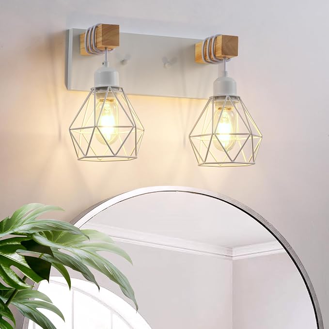 VbiTmn Bathroom Light Fixtures, 2 Light White Farmhouse Wood Vanity Lights | Rustic Design, Diamond Metal Shades, Easy to Install, Wall Sconces for Bathroom, Bedroom, Makeup Area, Over Vanity Mirror