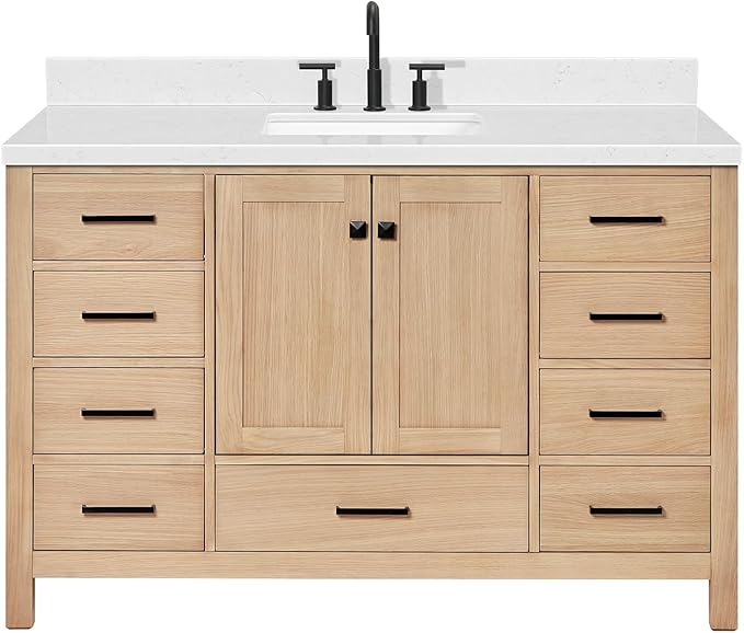 ARIEL 54 inch Bathroom Vanity top with Sink, 1.5 Inch Thick Miter Edge Carrara White Quartz top, Rectangle Single Porcelain Sink, Includes Backsplash
