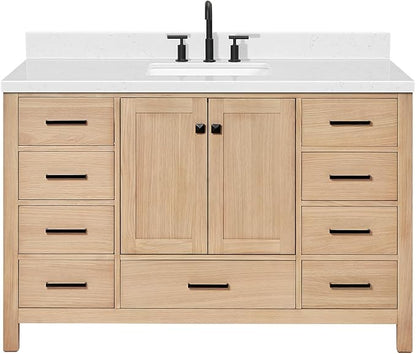 ARIEL 54 inch Bathroom Vanity top with Sink, 1.5 Inch Thick Miter Edge Carrara White Quartz top, Rectangle Single Porcelain Sink, Includes Backsplash