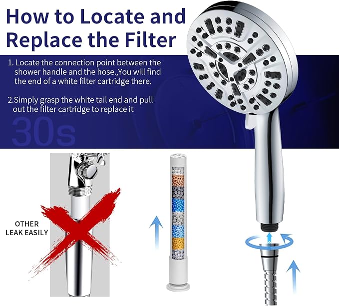 Filtered Shower Head with Handheld, Magnetic Adjustable, Chome | High Pressure 9 Spray Modes, 10-Stage Water Filtration System, Anti-Clog Nozzles, 60-Inch Long Hose