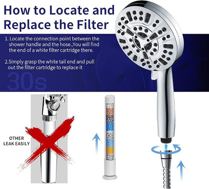 Filtered Shower Head with Handheld, Magnetic Adjustable, Chome | High Pressure 9 Spray Modes, 10-Stage Water Filtration System, Anti-Clog Nozzles, 60-Inch Long Hose