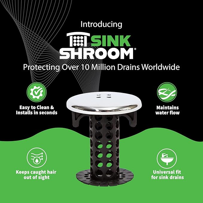 SinkShroom Chrome Edition Revolutionary Bathroom Sink Drain Protector Hair Catcher, Strainer, Snare, Black