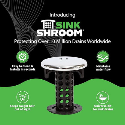 SinkShroom Chrome Edition Revolutionary Bathroom Sink Drain Protector Hair Catcher, Strainer, Snare, Black