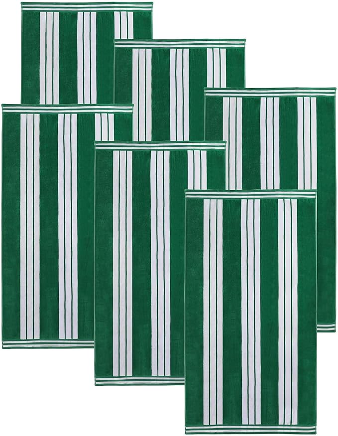 Superior Oversized Cotton Beach Towel Set of 6, Absorbent Towels for Bathroom, Beach, Pool, Swim, Adults, Kids, Vacation, Travel, Bath, Quick Dry Basics, Trip Essentials, Striped Decor, Dark Green