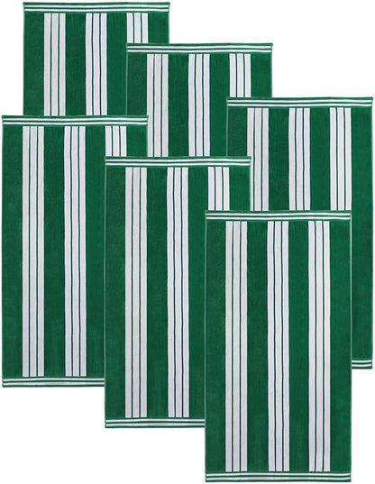 Superior Oversized Cotton Beach Towel Set of 6, Absorbent Towels for Bathroom, Beach, Pool, Swim, Adults, Kids, Vacation, Travel, Bath, Quick Dry Basics, Trip Essentials, Striped Decor, Dark Green