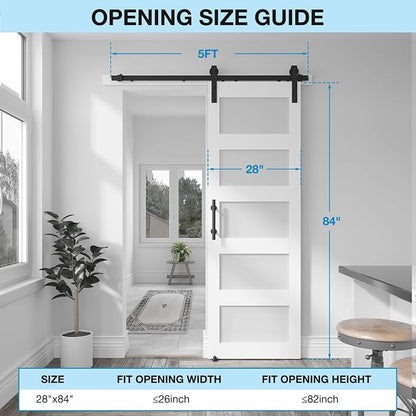 28in x 84in 5-Panel Sliding Glass Barn Door with 4ft Hardware Kit | Easy Assembly with Pre-Drilled Holes, Waterproof, Frosted Glass for Bathroom-Fit Max Opening 26in x 82in