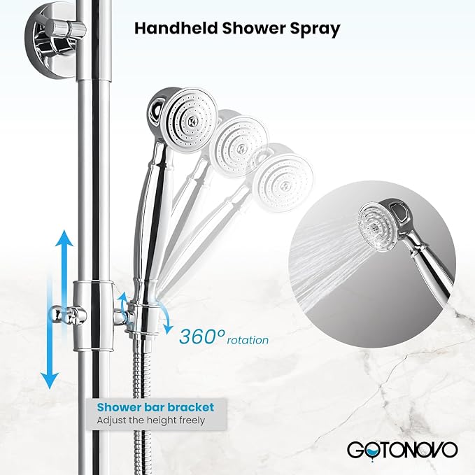 gotonovo Exposed Shower Faucet with Spout Polished Chrome,Curved Pipe | Brass Bathroom Exposed Shower System,8’’ Rain Head,Swivel Tub Spout 2 Cross Handle,Adjustable Handheld Sprayer,Wall Mount