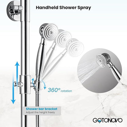 gotonovo Exposed Shower Faucet with Spout Polished Chrome,Curved Pipe | Brass Bathroom Exposed Shower System,8’’ Rain Head,Swivel Tub Spout 2 Cross Handle,Adjustable Handheld Sprayer,Wall Mount