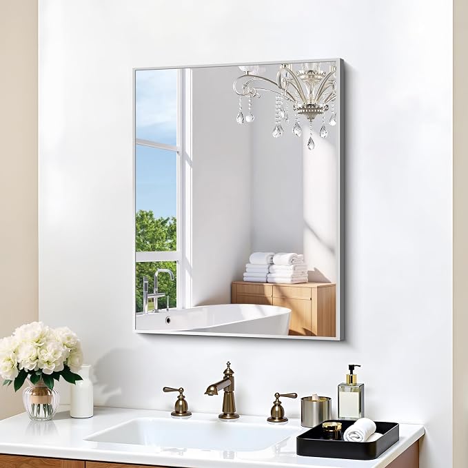 KOCUUY Silver Framed Mirror, 24"x18" Rectangle Bathroom Mirror for Wall, HD Tempered Glass, Anti-Rust Frame, Modern Design for Bathroom, Bedroom, Living Room, Entryway