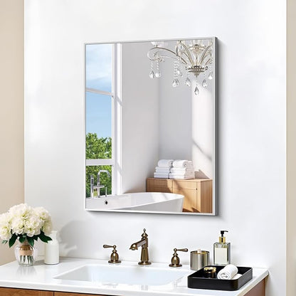 KOCUUY Silver Framed Mirror, 24"x18" Rectangle Bathroom Mirror for Wall, HD Tempered Glass, Anti-Rust Frame, Modern Design for Bathroom, Bedroom, Living Room, Entryway