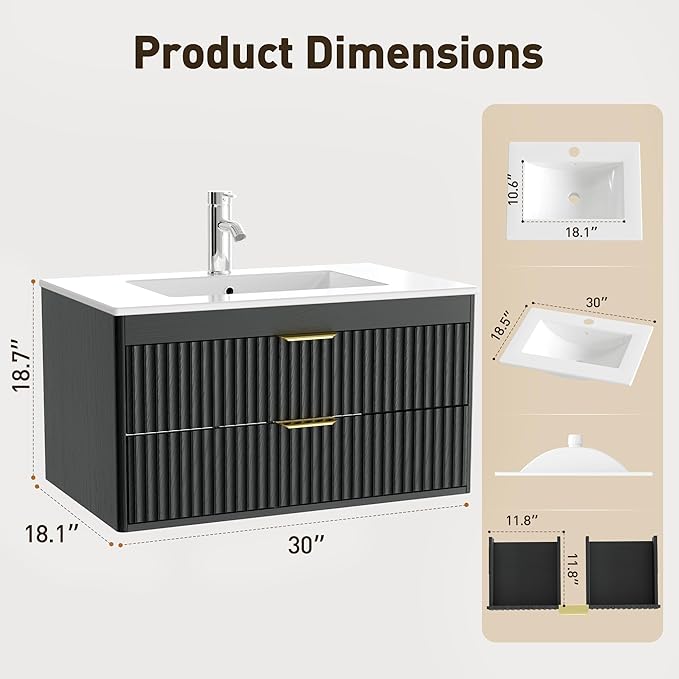 30 Inch Floating Bathroom Vanity Without Sink, Bathroom Wall Cabinet with 2 Fluted Drawers & Metal Handle, Wall Mounted Cabinet for Bathrooms (Black, 30 inch, Without Sink)