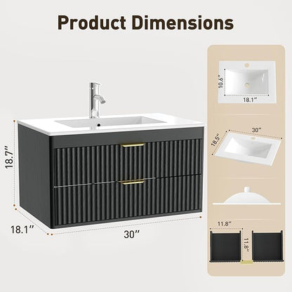30 Inch Floating Bathroom Vanity Without Sink, Bathroom Wall Cabinet with 2 Fluted Drawers & Metal Handle, Wall Mounted Cabinet for Bathrooms (Black, 30 inch, Without Sink)