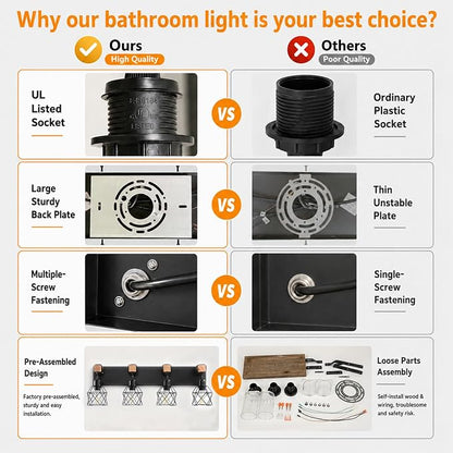 Farmhouse Vanity Light Fixture,5-Light Bathroom Lighting,Black Industrial Wood Wall Light Over Mirror with Metal Shade,LED Bulbs Not Included
