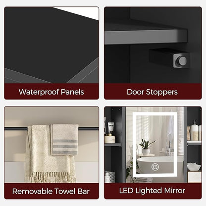 Bathroom Wall Cabinet with Mirror, Wall Mounted Medicine Cabinet with Color Adjustment LED Lights, Mirrored Over The Toilet Storage Cabinet with Adjustable Shelves, 23.6''W x 21.6''H, Black