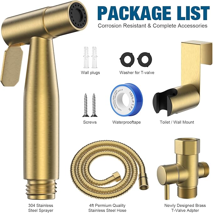 FREDI Bidet Sprayer for Toilet - Handheld Sprayer Kit, Adjustable Pressure, Stainless Steel, Easy to Install (Brushed Gold)