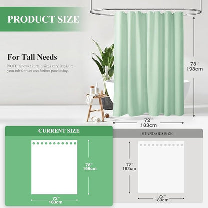 Long Waffle Shower Curtain 256 GSM Heavy Fabric 72x78 Mint Green | 78 Inch Long, Thick Cloth, Weighted Hem, Water Repellent, Tall Hotel Luxury Polyester Shower Curtains for Bathroom 12 Hooks