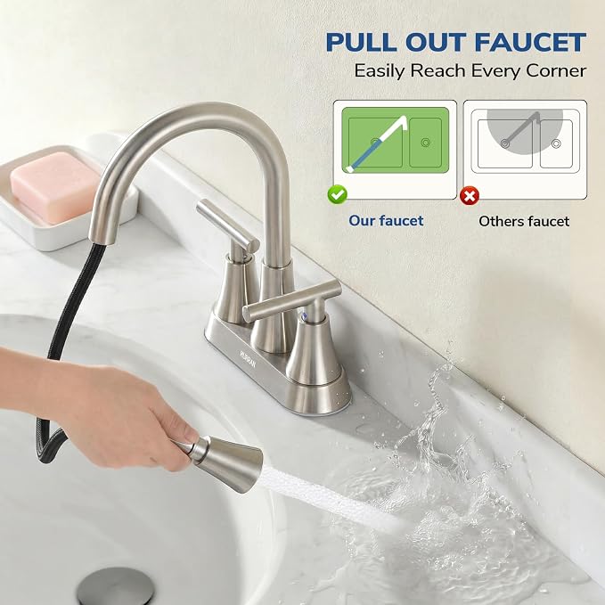 Centerset Bathroom Faucet with Pull Out Sprayer, 4 Inch 2 Handle Sink Faucet with Pop Up Drain, Stainless Steel Vanity Faucet with 2 Supply Hoses, Brushed Nickel