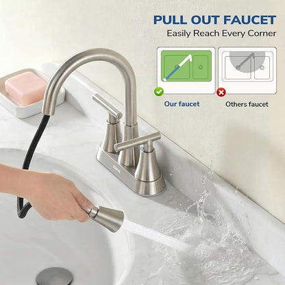 Centerset Bathroom Faucet with Pull Out Sprayer, 4 Inch 2 Handle Sink Faucet with Pop Up Drain, Stainless Steel Vanity Faucet with 2 Supply Hoses, Brushed Nickel