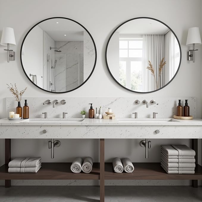 Antok 24 Inch 2PCS Round Mirror for Wall, Round Bathroom Mirror, Circle Wall Mirrors with Black Metal Frame, Circle Mirrors Suitable for Wall, Bathroom, Vanity, Living Room, Entryway