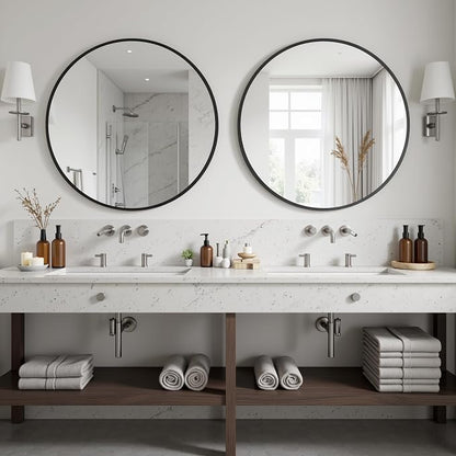 Antok 24 Inch 2PCS Round Mirror for Wall, Round Bathroom Mirror, Circle Wall Mirrors with Black Metal Frame, Circle Mirrors Suitable for Wall, Bathroom, Vanity, Living Room, Entryway