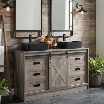 48 inch Barn Door Bathroom Vanity with 6 Drawers, Farmhouse Style Standing Pedestal Cabinet with Two Black Ceramic Vessel Sinks