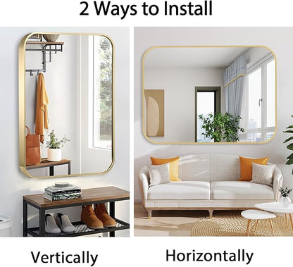 20x28 Inch Gold Bathroom Mirror, Brushed Brass Gold Metal Framed Rectangular Mirror with Rounded Corner, Bathroom Vanity Mirror for Bedroom or Living Room, Horizontal/Vertical