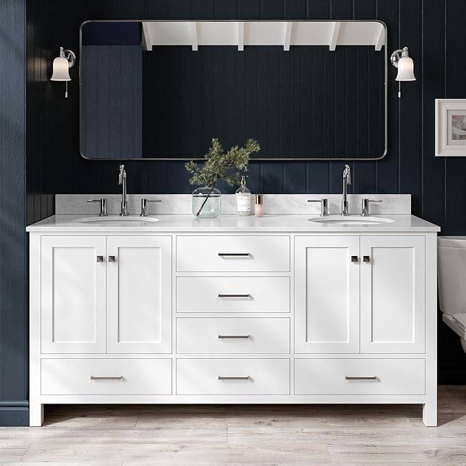 ARIEL Cambridge 72-inch Bathroom Vanity with Sink,Solid Wood, 0.75-inch Italian Carrara Marble Countertop & Backsplash, Double Oval Porcelain Sink, 4 Soft Closing Doors, 6 Dovetail Drawers, White