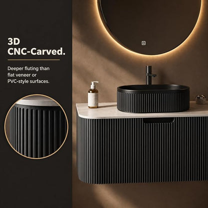 36 Inch Bathroom Vanity with Sink, Floating Wall Mounted Single Sink Vanity, Black Curved Fluted Front, Stone Top, Black Textured Oval Vessel Basin, Pre-Assembled