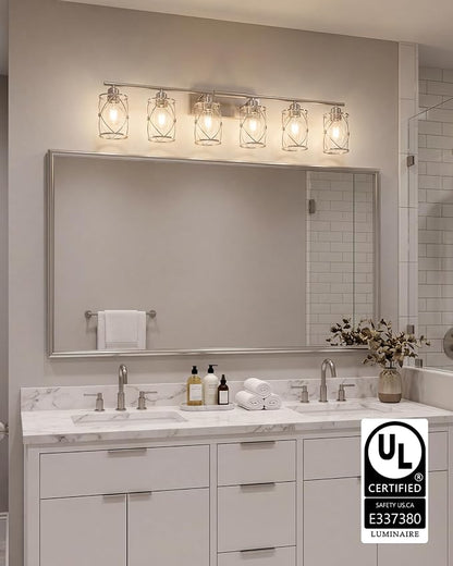 6-Light Brushed Nickel Bathroom Light Fixtures Over Mirror, 42" UL-Listed Modern Wall Sconce Lights with Clear Glass and Metal Cage for Bath, Hardwire E26, CH9176BN-6W
