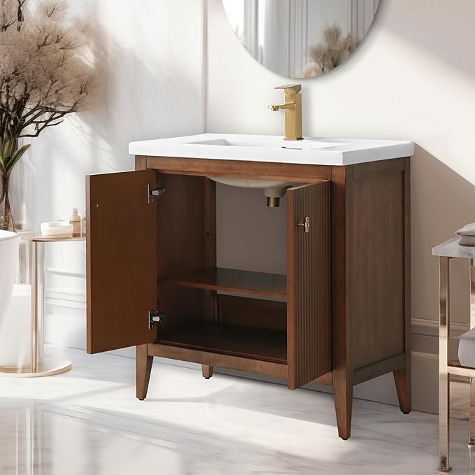Vanity Art 30 inch Bathroom Vanity with Single Sink & Ceramic Top, Vanity Cabinet with Soft-Closing Door, Solid Wood Frame, Linear Pattern, Walnut, Golden Brushed Handware VA9130-Walnut-GB