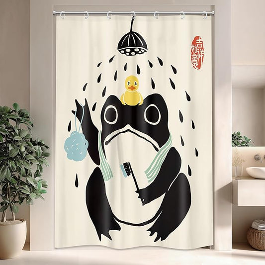 LGhtyro Funny Frog Retro Shower Curtain Bathroom Set 48Wx71H Inches Cute Asian StyleTraditional Japanese Animal Rubber Duck Children Kids Bath Accessories Frog Art Home Decor Fabric 8 Pack Hooks