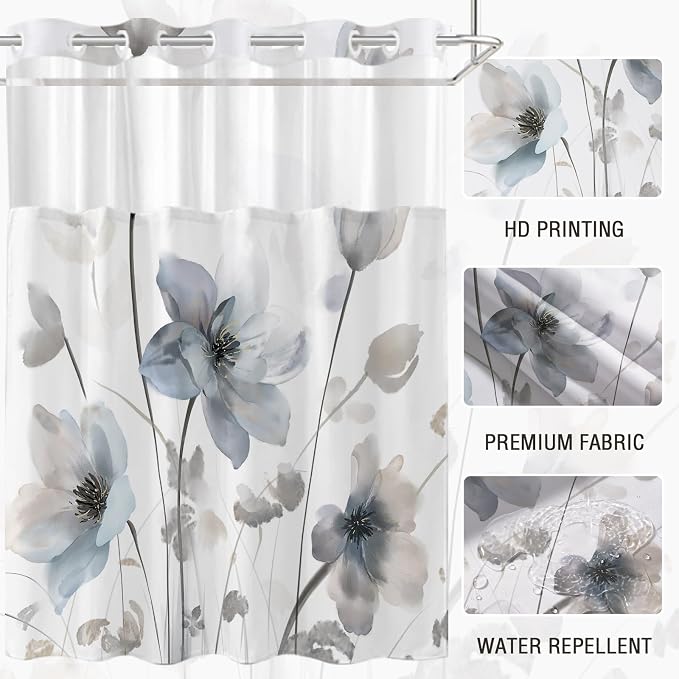 No Hook Shower Curtain and Liner Set, Blue Grey Boho Floral 71x74 | Watercolor Boho Flower, with Snap in Liner, Mesh Top Window, Waterproof, Machine Washable, Quick-Drying, for Hotel Bathroom