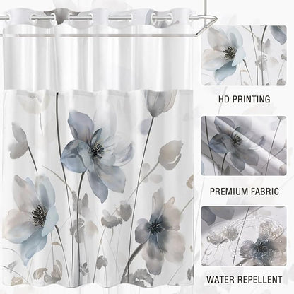 No Hook Shower Curtain and Liner Set, Blue Grey Boho Floral 71x77 | Watercolor Boho Flower, with Snap in Liner, Waterproof, Machine Washable, Quick-Drying, for Hotel Bathroom