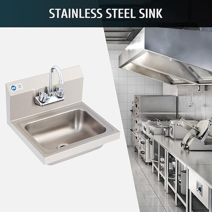 WILPREP Hand Sink Commercial Stainless Steel Sink for Washing, NSF Utility Sink with Gooseneck Faucet, Wall Mount Kitchen Sink for Restaurant Bar RV Bathroom Laundry Room (17 x 15 Inches)