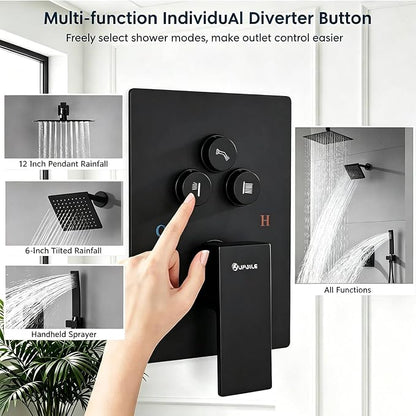 Dual Rainfall Shower Head System, Push Button Shower Faucet Set with 12" Ceiling Mount Rain shower head and 6" Wall Mount Shower Head, Pressure Balance Rough-in Valve (Matte Black)