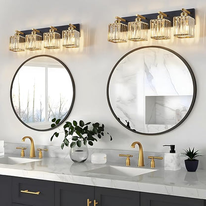 Modern Crystal Bathroom Vanity Light 4-Lights Modern Black Gold Crystal Bathroom Wall Light Over Mirror Vanity Light Fixtures