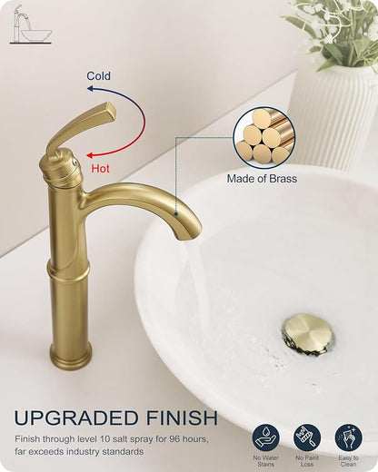 Gold Vessel Sink Faucet, Brass Tall Bathroom Sink Faucet One Hole with 1 Handle, Pop Up Drain, cUPC Supply Hoses & Aerator for Above Counter Basin, Arched Spout Design, 5 Mins Quick Installation