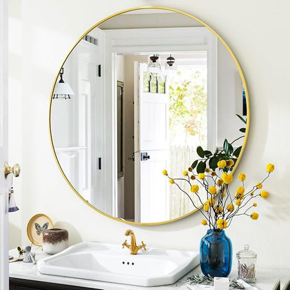 Gold Round Bathroom Mirror 24", Thin Metal Frame Wall Mirror | Circle Vanity Mirror for Over Sink, Hanging or Leaning Decor for Hallway, Entryway, Fireplace Mantel, Living Room