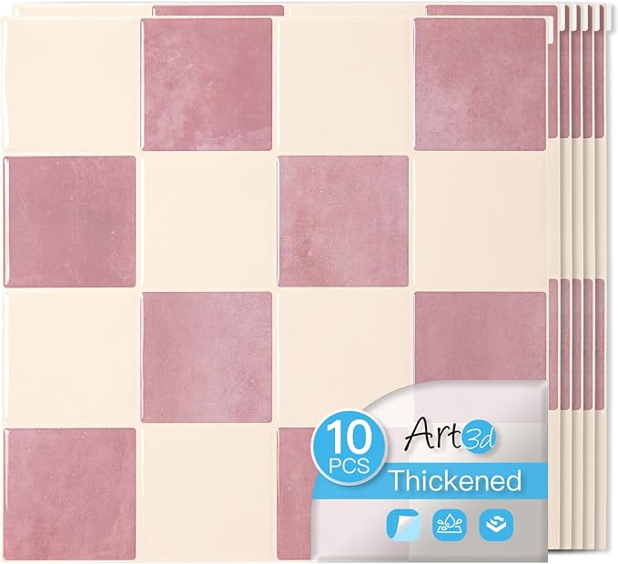 Art3d Grid Peel and Stick Backsplash, 10-Pack, 12" x 12", Pink & Warm White | Enhanced Thickness, Strong Adhesion, Moisture Resistant, Long-Lasting, Minimalist Look, DIY Friendly, for Kitchen Countertops