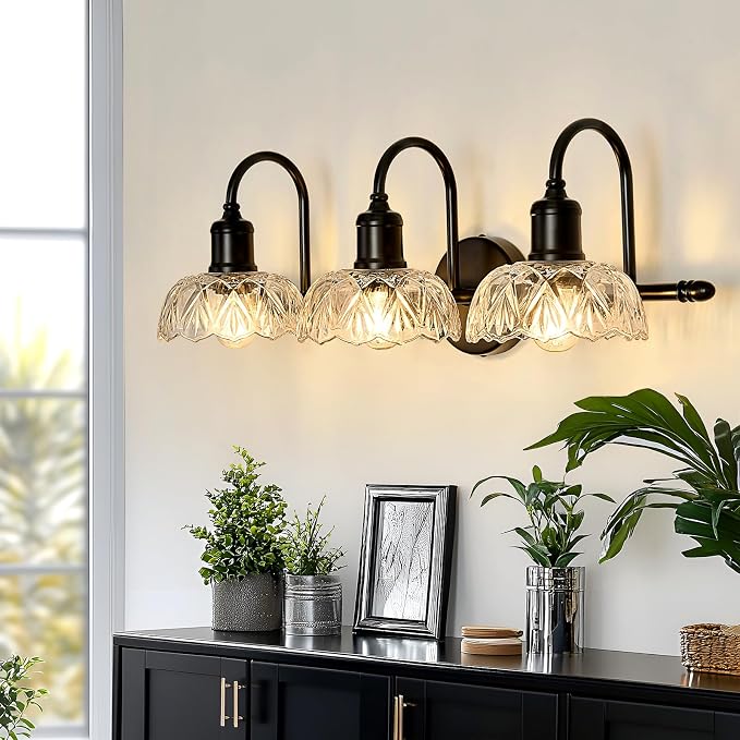 UOFUS 3-Light Black Vanity Light Farmhouse Bathroom Lighting Fixtures | Over Mirror with Clear Glass Shade
