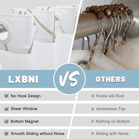 Beige Khaki No Hook Shower Curtain with Liner, 71 x 80 Inch | Stripe Pattern,Waterproof,Quick Dry,Mesh Top Window,Bottom Magnets,Hotel Style,Machine Washable,Modern,for Bathroom
