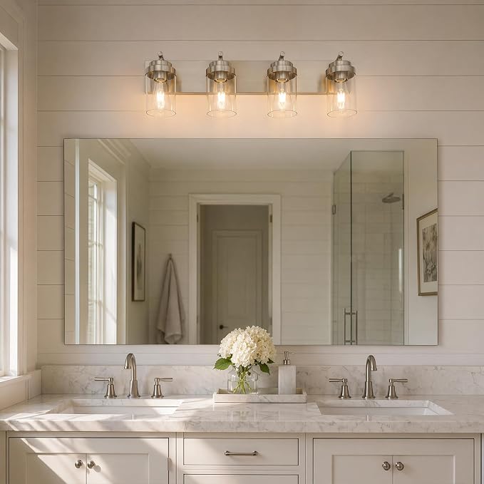 4-Light Bathroom Light Fixtures, Brushed Nickel Vanity Lights | Modern Bathroom Lighting Fixtures Over Mirror, Vanity Lights for Bathroom, Mirror, Restroom, Bedroom, E26
