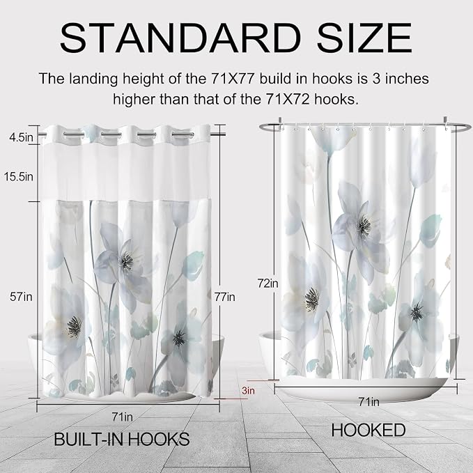 No Hook Shower Curtain and Liner Set, Light Blue Boho Floral 71x77 | Watercolor Boho Flower, with Snap in Liner, Mesh Top Window, Waterproof, Machine Washable, Quick-Drying, for Hotel Bathroom