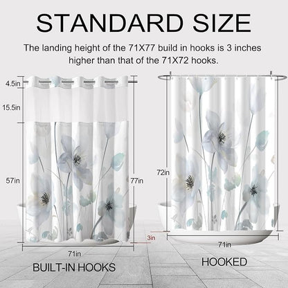 No Hook Shower Curtain and Liner Set, Light Blue Boho Floral 71x77 | Watercolor Boho Flower, with Snap in Liner, Mesh Top Window, Waterproof, Machine Washable, Quick-Drying, for Hotel Bathroom