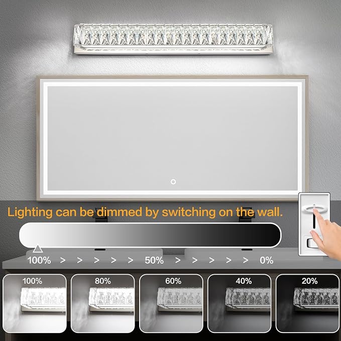 30in LED Bathroom Lights Over Mirror Modern Crystal Vanity Lights Bar Chrome Wall Lighting for Bath